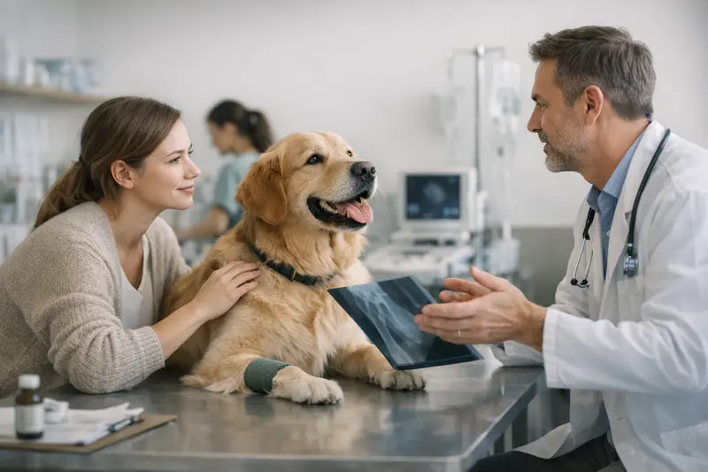 Untersuchung eines Hundes beim Tierarzt Ein Hund wird von einem Tierarzt während einer Untersuchung behandelt, was den Unterschied zwischen OP-Schutz und Vollschutz veranschaulicht.